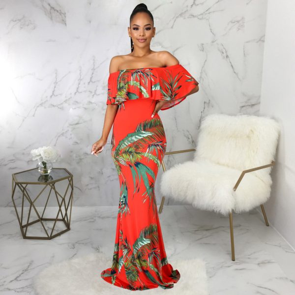 Fashion Digital Printing Off-neck Tube Top Dress