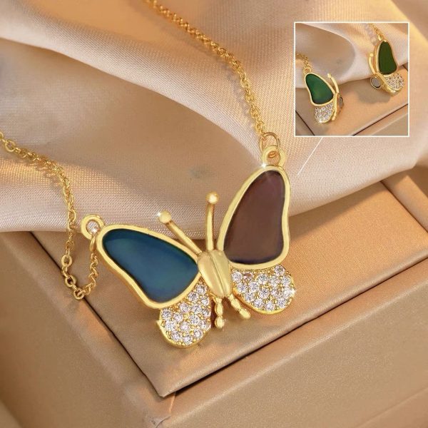 Gold Dripping Oil Variable Temperature Magnetic Butterfly Necklace Women's Zircon Exquisite Clavicle Chain