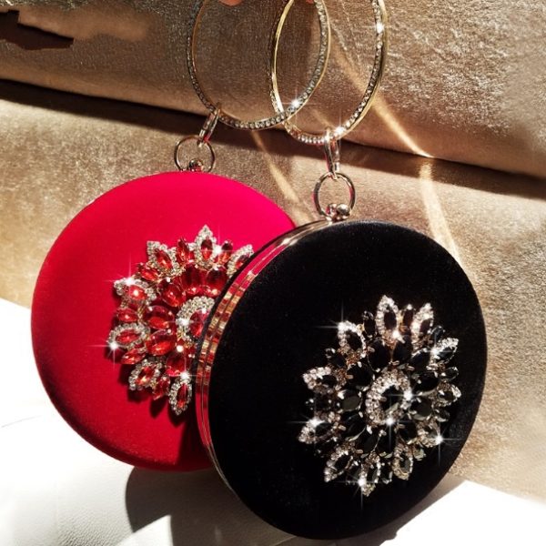 LOLIBOX Women Bags Women Evening Clutch Bags Velvet Diamond Ring Handbags Small Round Clutch Bag Day Party Clutches Purses